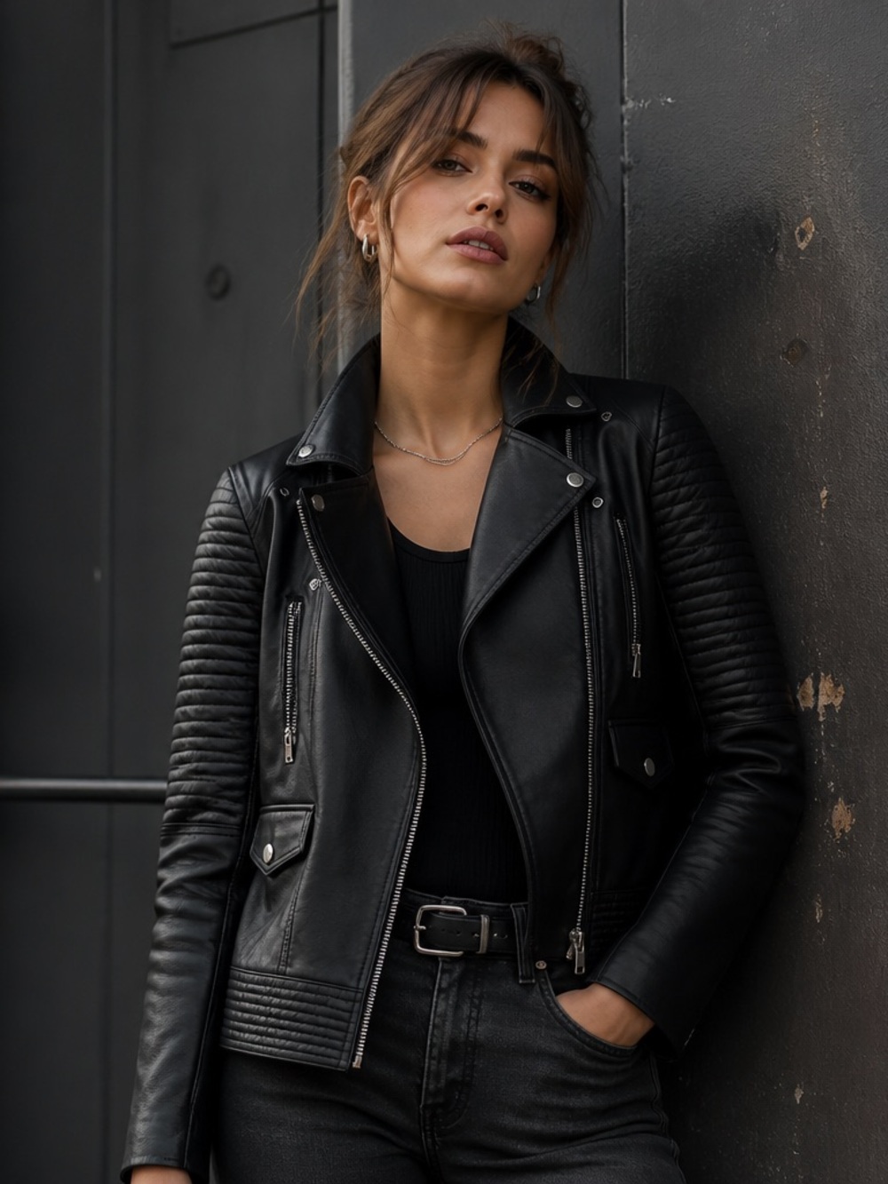 Classic Black Moto Genuine Leather Jacket - Women's